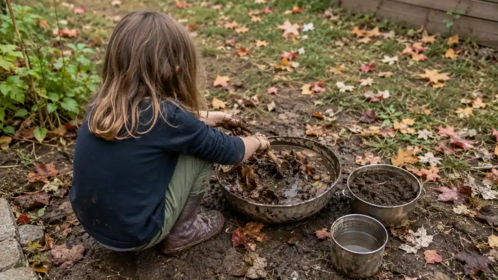 Child making fall mud sensory play with leaves and acorns outside