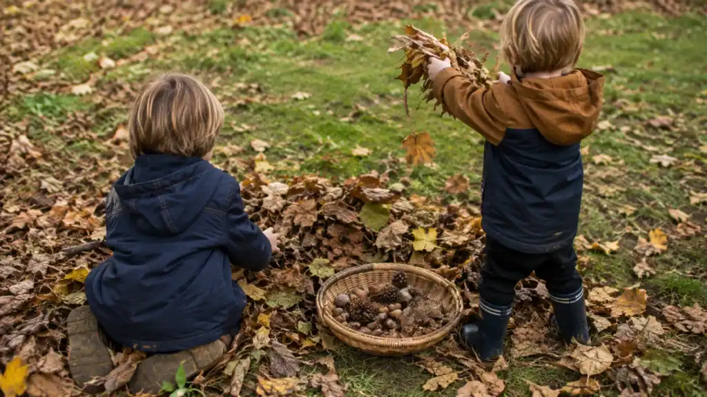 Kids exploring colorful fall leaves during an outdoor sensory activity