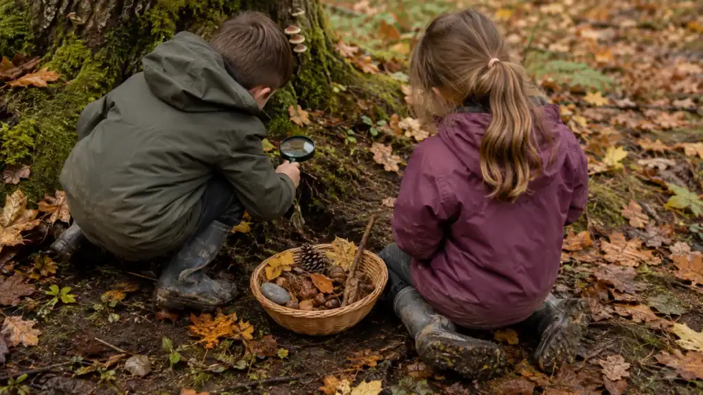 Children doing a fall sensory nature hunt outside