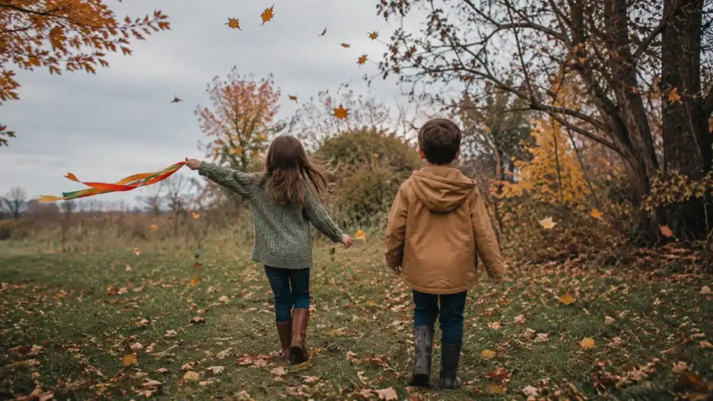 Kids exploring wind and fall weather during outdoor sensory play