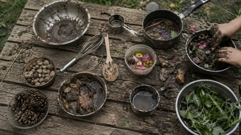 Bowls of soil, leaves, petals, herbs, stones and water ready for outdoor mud kitchen play