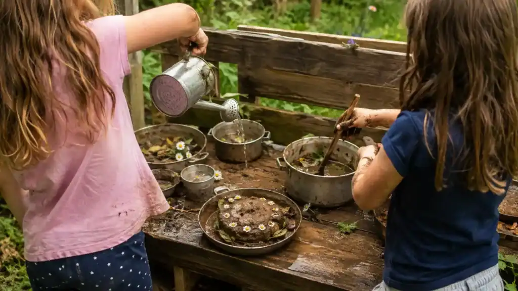 Children making mud pies and nature potions with petals, leaves and water at an outdoor mud kitchen