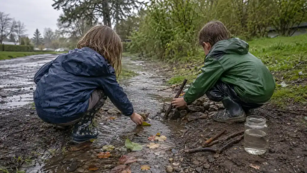
Kids building a stick dam and racing leaves in rainwater