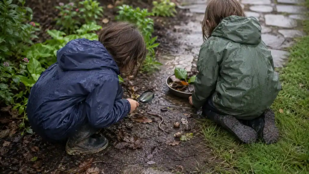 Kids looking for worms and wet leaves after rain