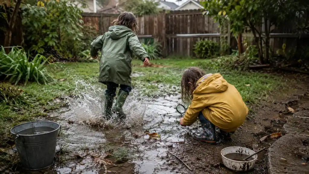 Child jumping in a puddle during outdoor rain play