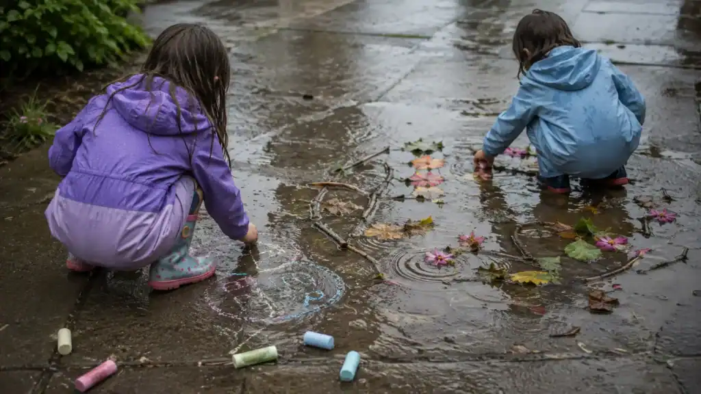 Kids making wet chalk drawings and puddle art in the rain