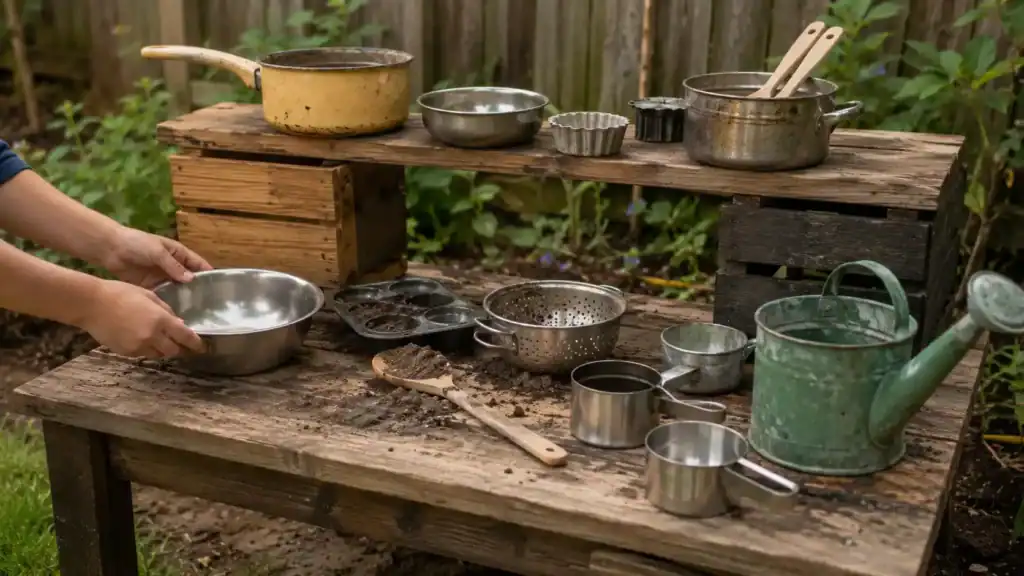 Simple DIY mud kitchen made from an old wooden table and crates with bowls, spoons and a watering can