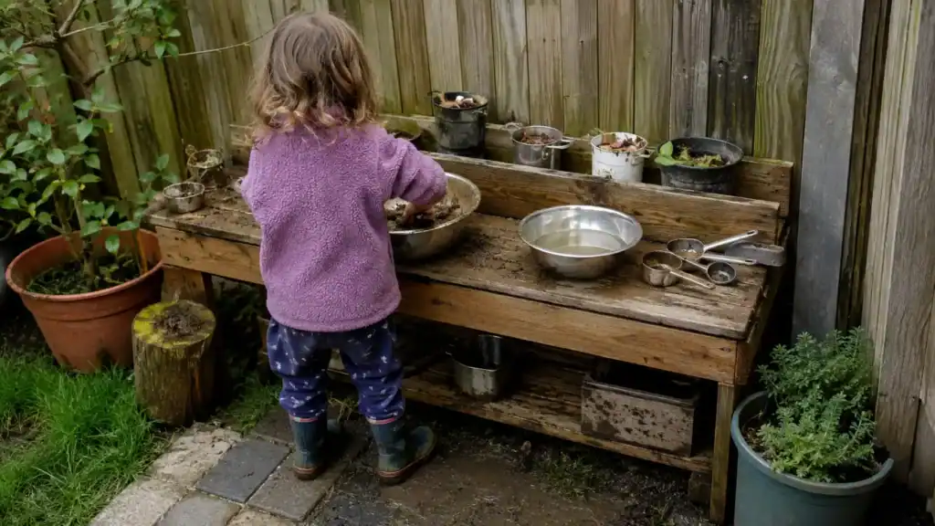 Compact mud kitchen on a small backyard patio with a child mixing mud in a metal bowl