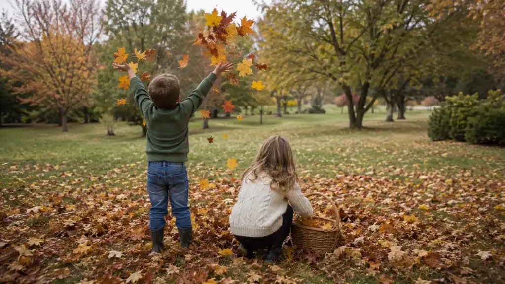 Leaf activities for kids with two children playing in colorful fall leaves