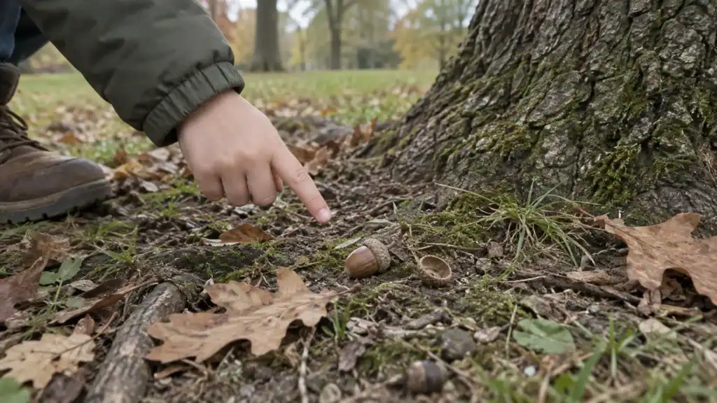 Child pointing to a fallen acorn and an empty acorn cap beneath an oak tree.