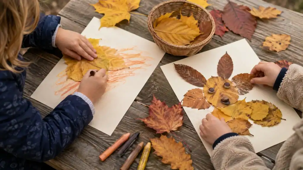 Fall leaf crafts for kids making leaf rubbings with real autumn leaves