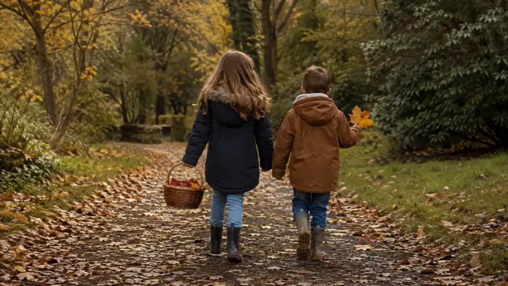 Kids collecting colorful fall leaves during an autumn nature walk