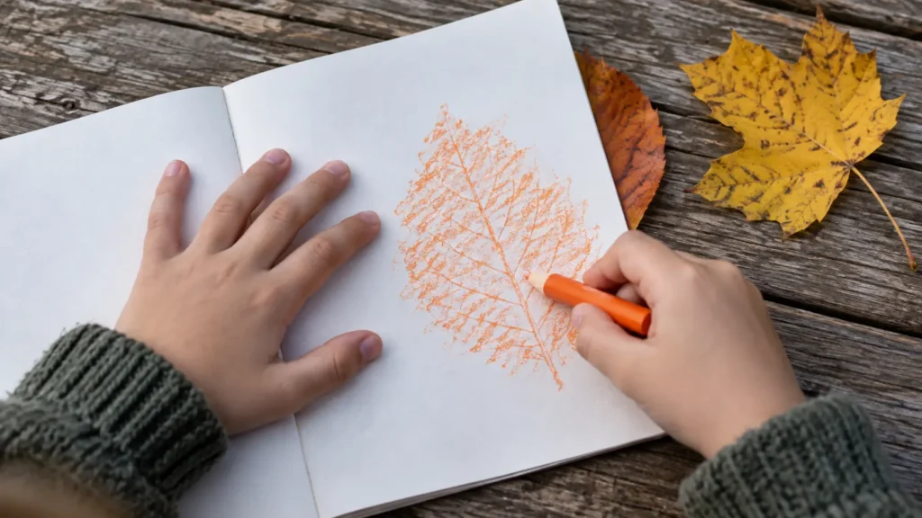 Child making an orange leaf rubbing in an open notebook beside fallen leaves on a wooden table.