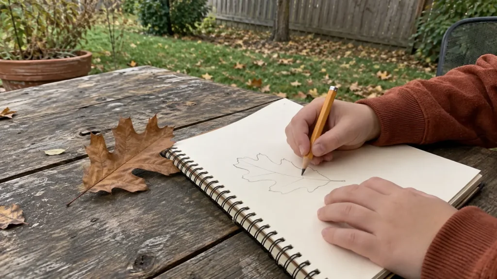 Child drawing the outline of a fallen leaf in a notebook at an outdoor wooden table.