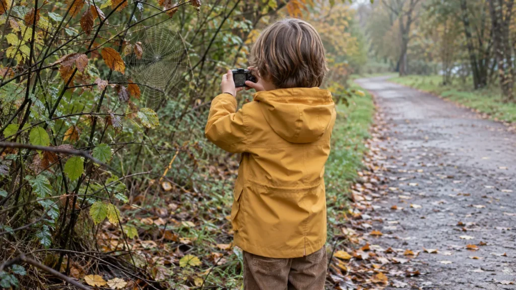 Child in a yellow jacket photographing a spider web beside a leaf-covered park path.
