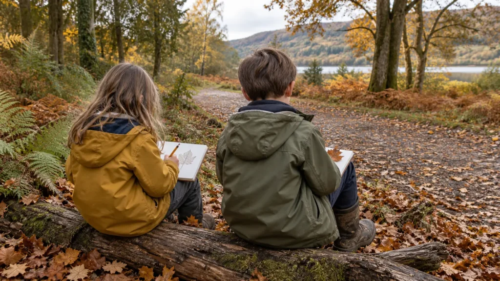 Child drawing a bird and sound symbols in a nature journal while sitting on a park bench.