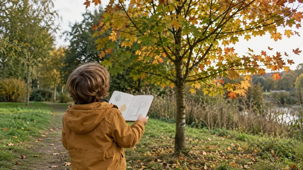 Child holding a nature journal with leaf and tree sketches while looking at a tree with changing fall colors.