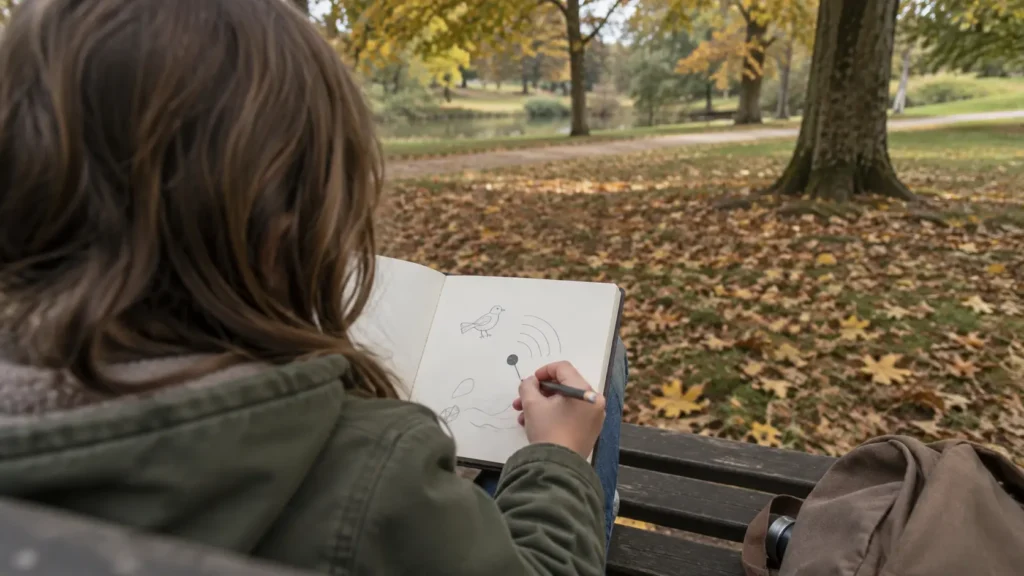 Child holding a pencil over an open notebook beside colored pencils, a clipboard, and a fallen leaf.